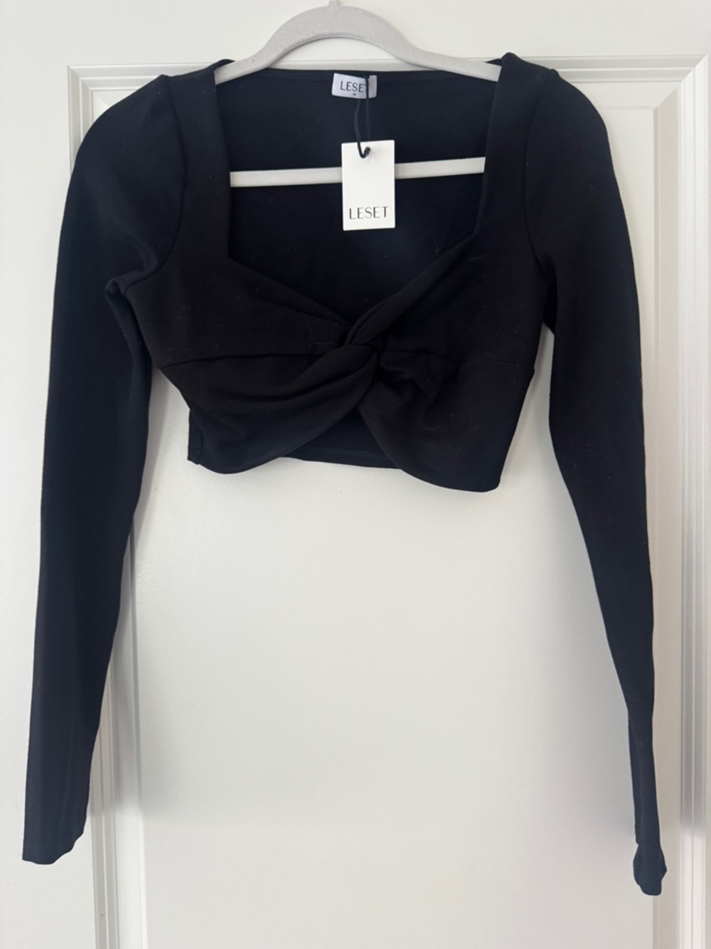 LESET Black Twist-Knot Long Sleeve Crop Top